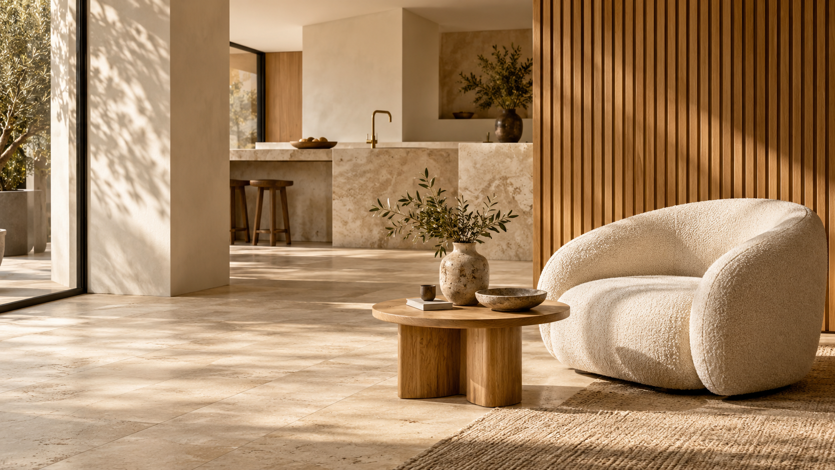 Ambiance d’inspiration : intérieur ivoire, bois naturel et touches dorées